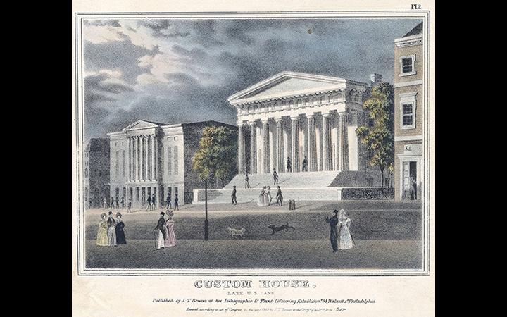 This 1840s
              lithograph titled 'Custom House, late U.S. Bank